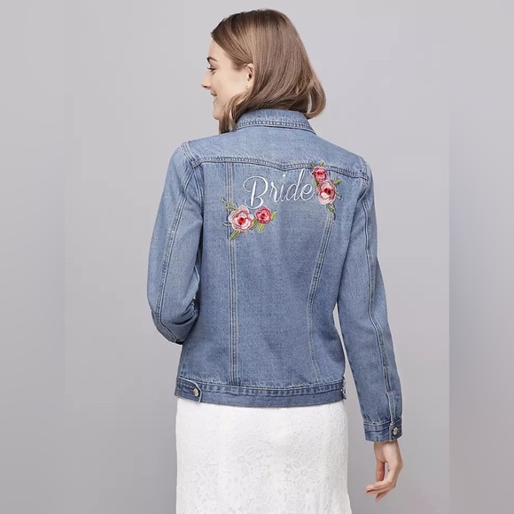 David's Bridal Jackets & Blazers - David’s Bridal Embroidered Floral Denim Jacket Medium Bride Bachelorette NWOT